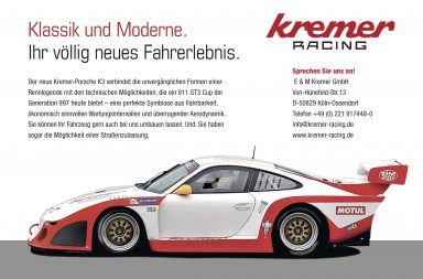 Klassik und Moderne: Der neue Kremer-Porsche KR verbindet 2016 die unvergänglichen Formen einer Rennlegende mit den technischen Möglichkeiten, die ein 911 GT3 Cup der Generationen 996 und 997 heute bietet – die perfekte Symbiose aus Fahrbarkeit, ökonomisch sinnvollen Wartungsintervallen und überragender Aerodynamik.